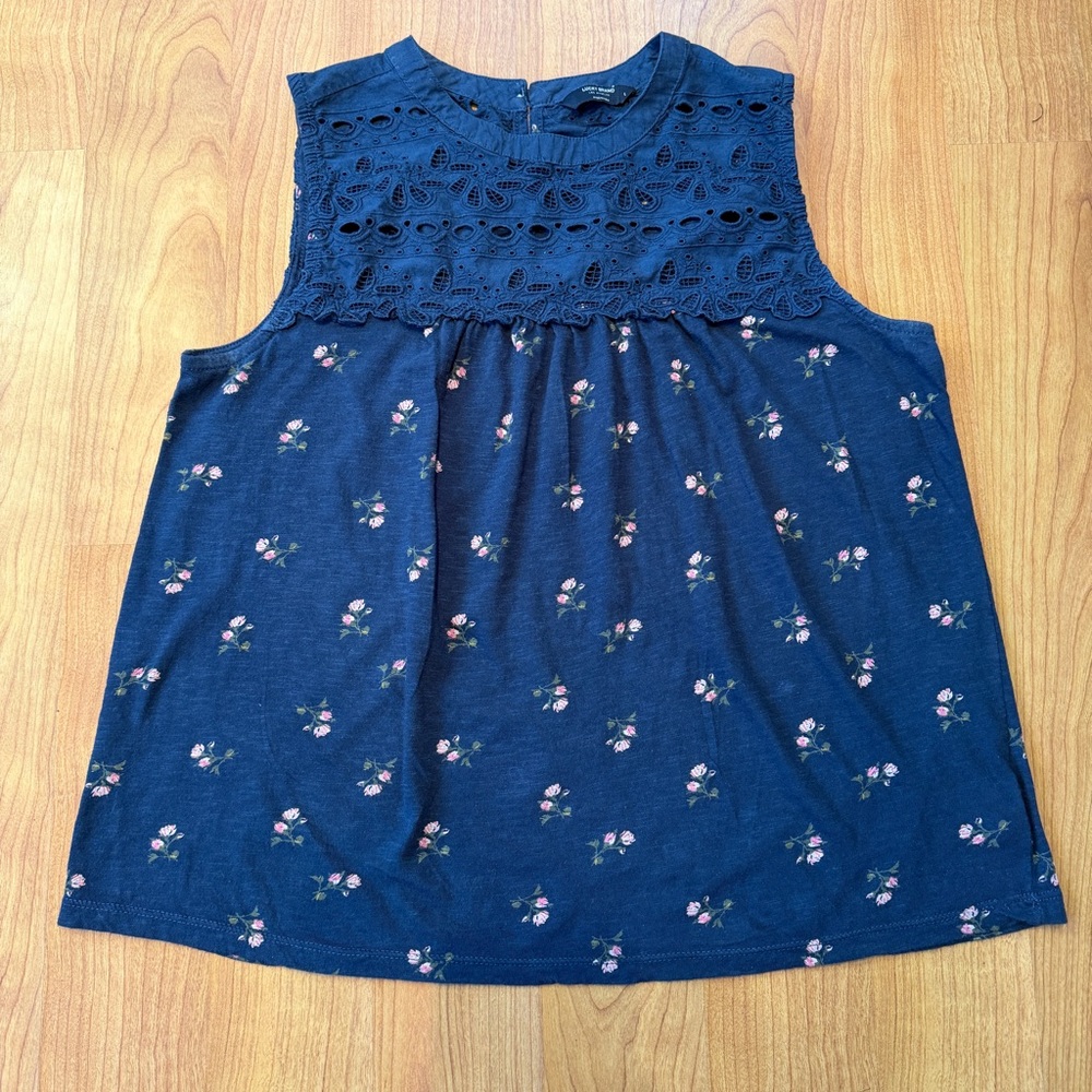Lucky Brand Navy Blue Sleeveless Top with Pink Floral Print